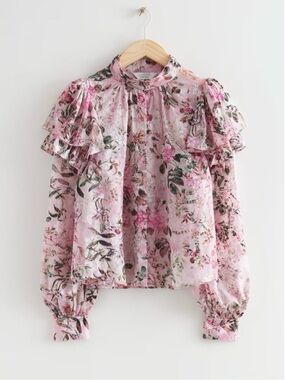 NEW & Other Stories Gathered Mock Neck Frilled Blouse Floral Pink size 4